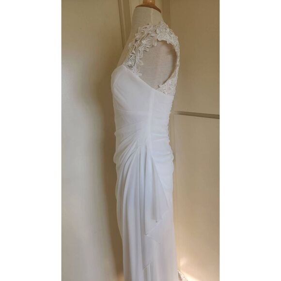 Xscape White Jersey,  Chiffon and Lace Empire Waist Gown with side Draped Oversk - Picture 11 of 11